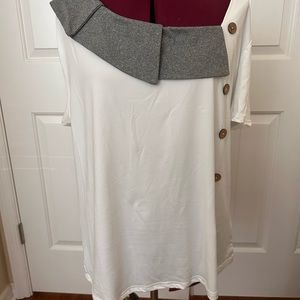 unique grey and white blouse with contrasting buttons